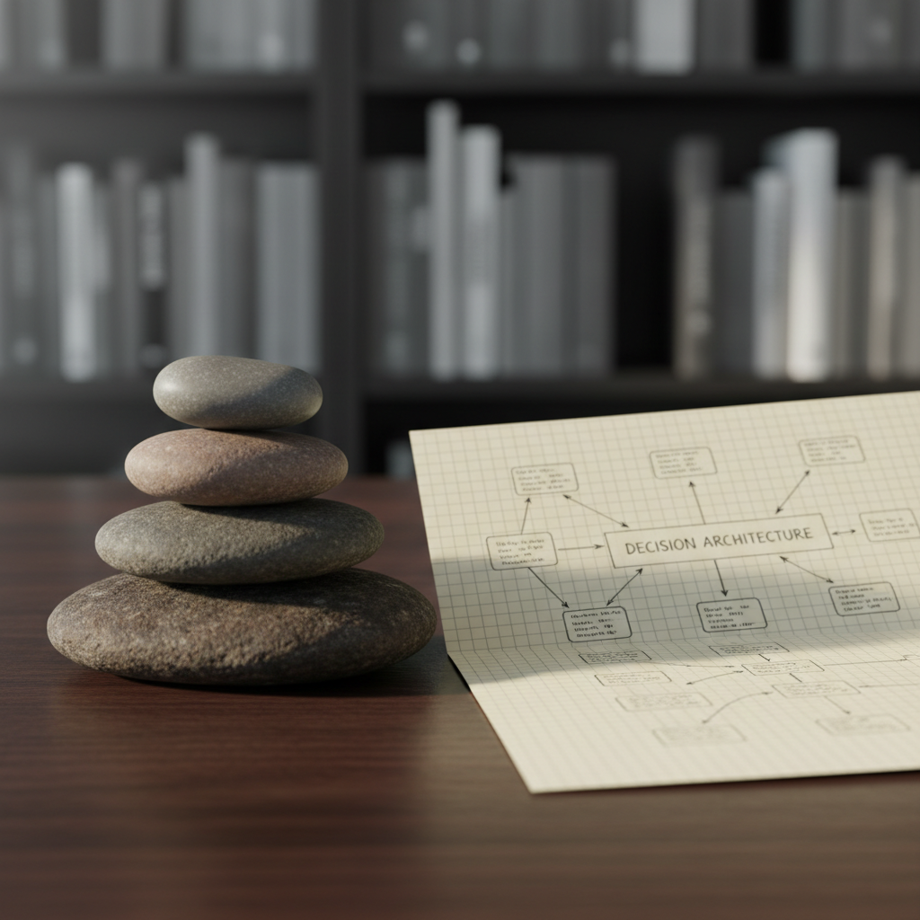 A close-up of a small, smooth river stone balanced precariously atop a stack of three slightly larger, rough-textured stones on a dark wooden tabletop. Next to the stones lies a folded sheet of graph paper with a tiny, detailed mind map sketched in fine black ink, arrows and boxes carefully arranged. In the background, a blurred bookshelf lined with monochrome spines creates a subtle academic backdrop. Soft morning light from the left grazes the stone surfaces, revealing their grain and casting delicate, elongated shadows. Captured from a low, side-on angle with a shallow depth of field, the mood is serene yet questioning, suggesting balance, doubt, and careful examination. Photographic realism, clean and understated, suited to critical-thinking themes.
