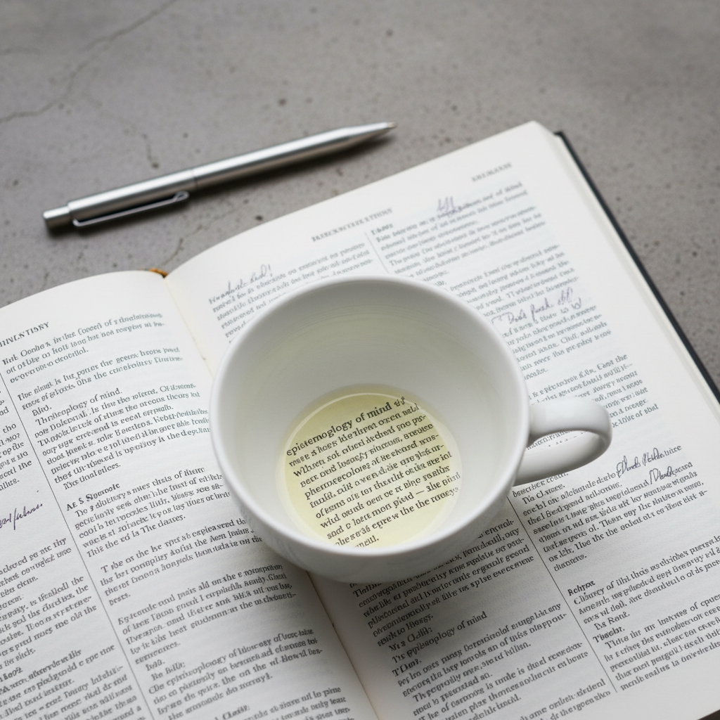 An overhead view of a pristine white ceramic teacup resting on an open, lightly annotated philosophy book, the cup centered across the book’s spine. The text is sharply focused near the rim of the teacup and gradually blurs toward the edges of the frame. A narrow, matte-silver pen lies horizontally above the book, parallel to the table’s edge. The surface beneath is a cool gray concrete, subtly mottled. Soft, diffused overcast light from above removes harsh shadows, creating a quiet, reflective atmosphere. The composition uses rule of thirds to place the teacup and highlighted paragraph as focal points. Photographic realism with a minimalist, sophisticated mood, perfect for illustrating slow, deliberate contemplation of everyday ideas.