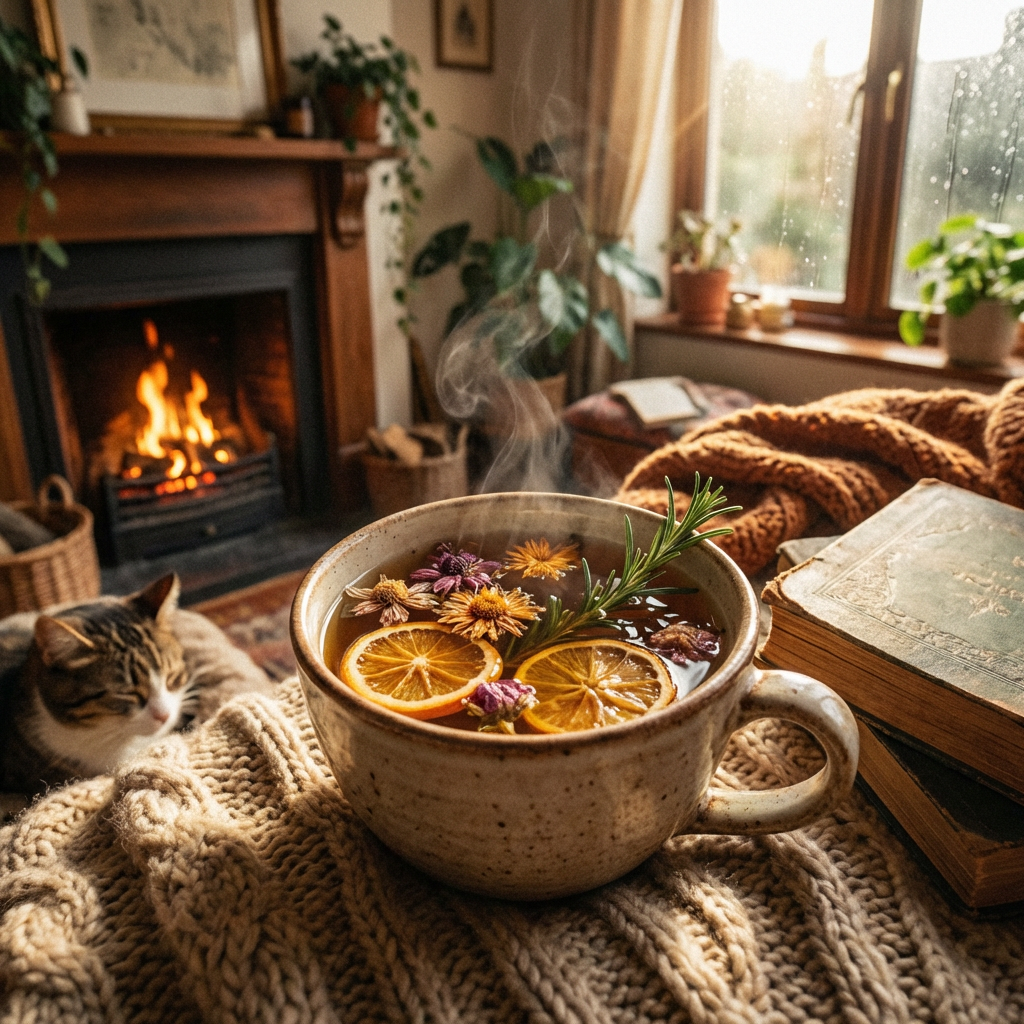 Steaming herbal tea with citrus slices near a cozy fireplace and sleeping cat.