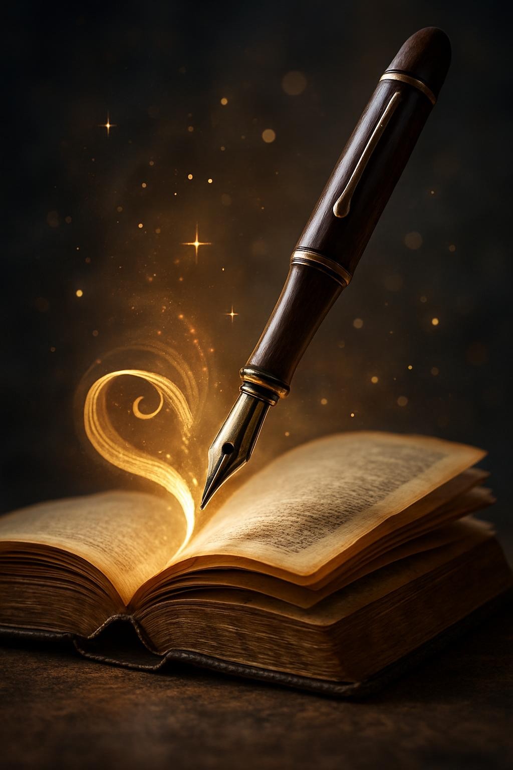 An illustration of a fountain pen writing in an open book with pages curling into a heart shape.
