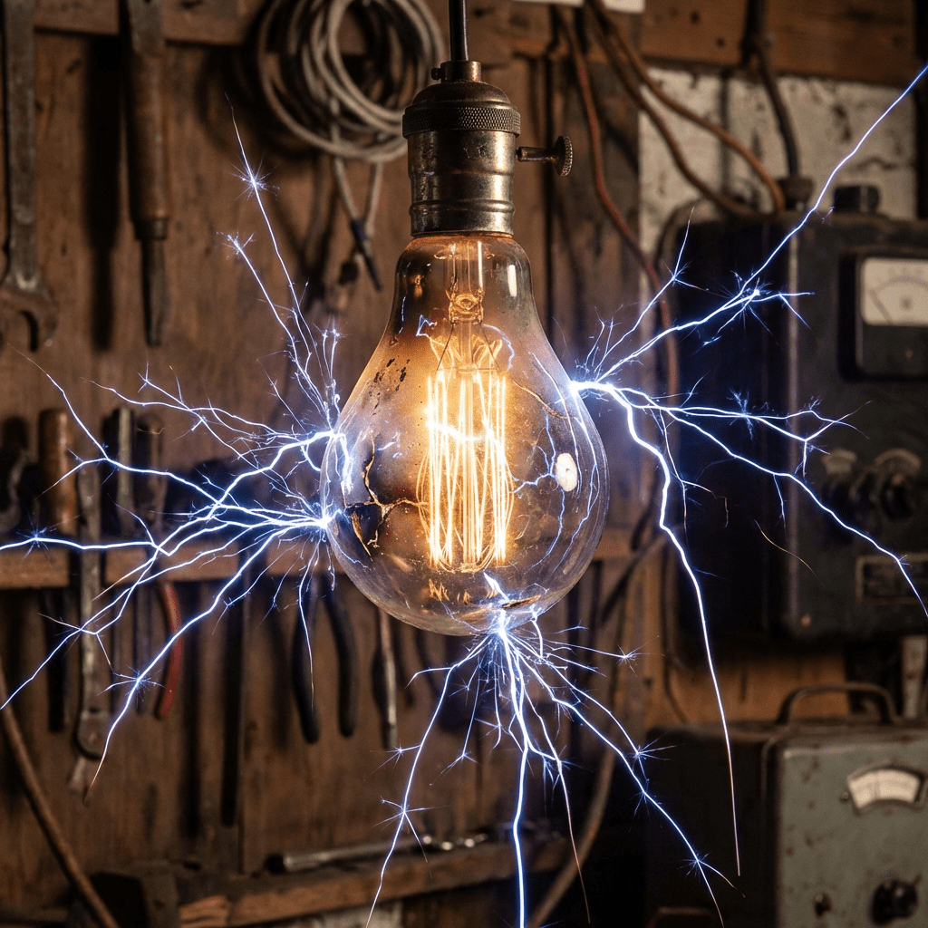 Edison-style light bulb emitting bright blue electrical sparks in a rustic workshop.