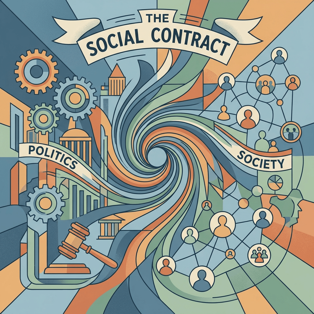 Graphic titled "The Social Contract" connecting "Politics" (gears and gavel) with "Society" (networks of people).