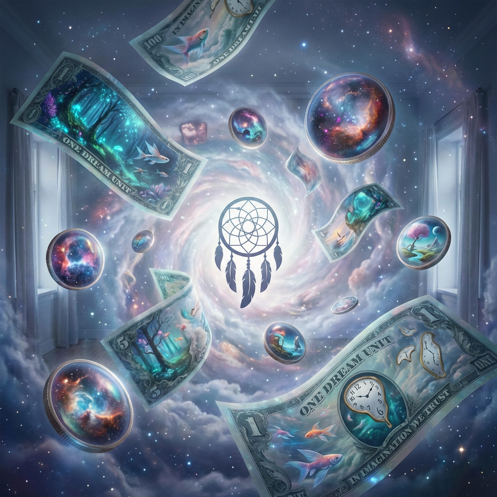 Surreal currency labeled 'One Dream Unit' and 'In Imagination We Trust' swirls around a dreamcatcher.