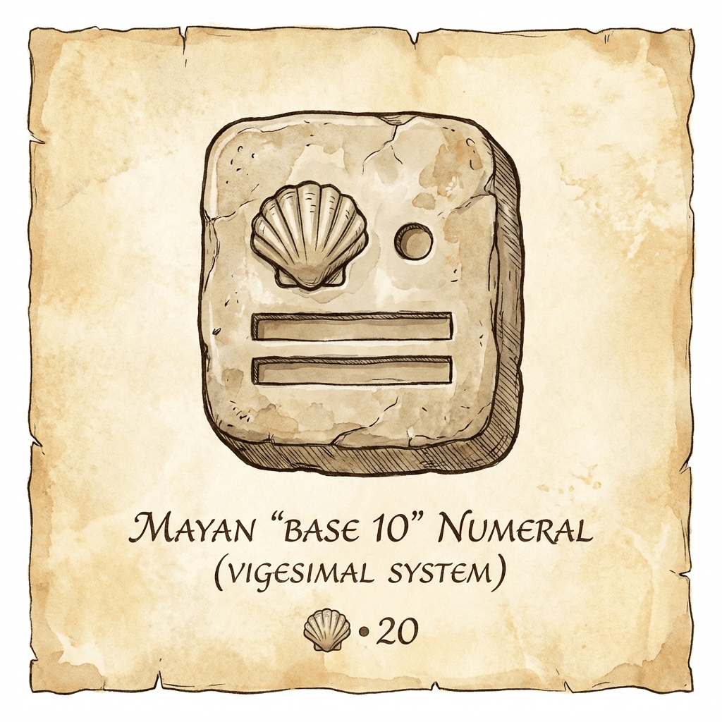 Stone tablet with symbols and text: MAYAN 'BASE 10' NUMERAL (VIGESIMAL SYSTEM) shell dot 20.