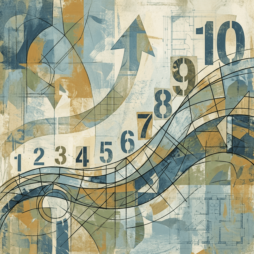 Abstract collage with numbers 1 to 10 along an upward curve with architectural sketches.