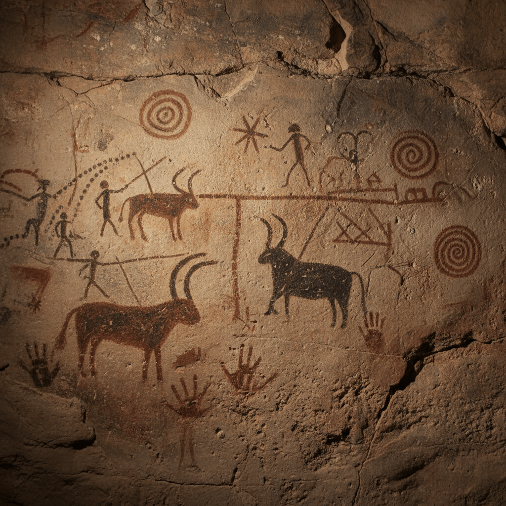 Ancient rock art showing figures, cattle with large horns, handprints, and spiral symbols.