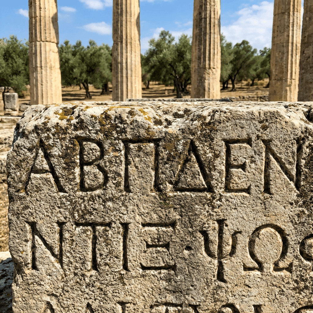 Ancient stone block with Greek letters ABΓΔΕΝ and NTIEΨΩ carved into its weathered surface.
