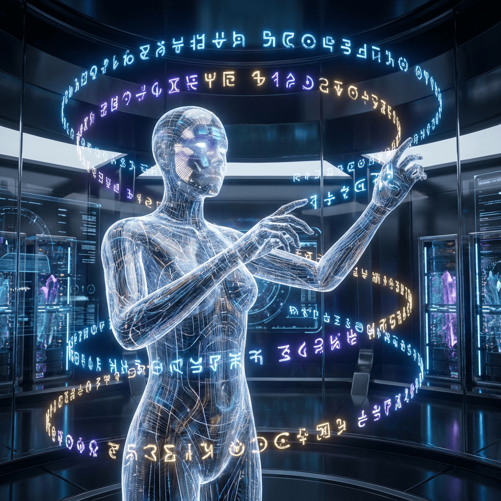 A holographic humanoid figure interacts with rotating rings of glowing symbols in a futuristic lab.