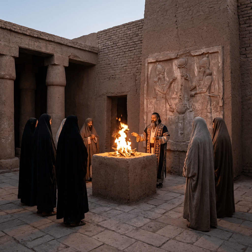 A priest and followers gather around a fire on a stone altar in an ancient courtyard.