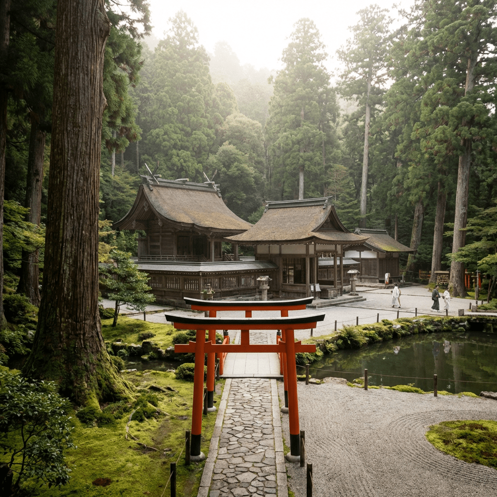 A traditional Japanese shrine with an orange torii gate surrounded by tall cedar trees and moss.