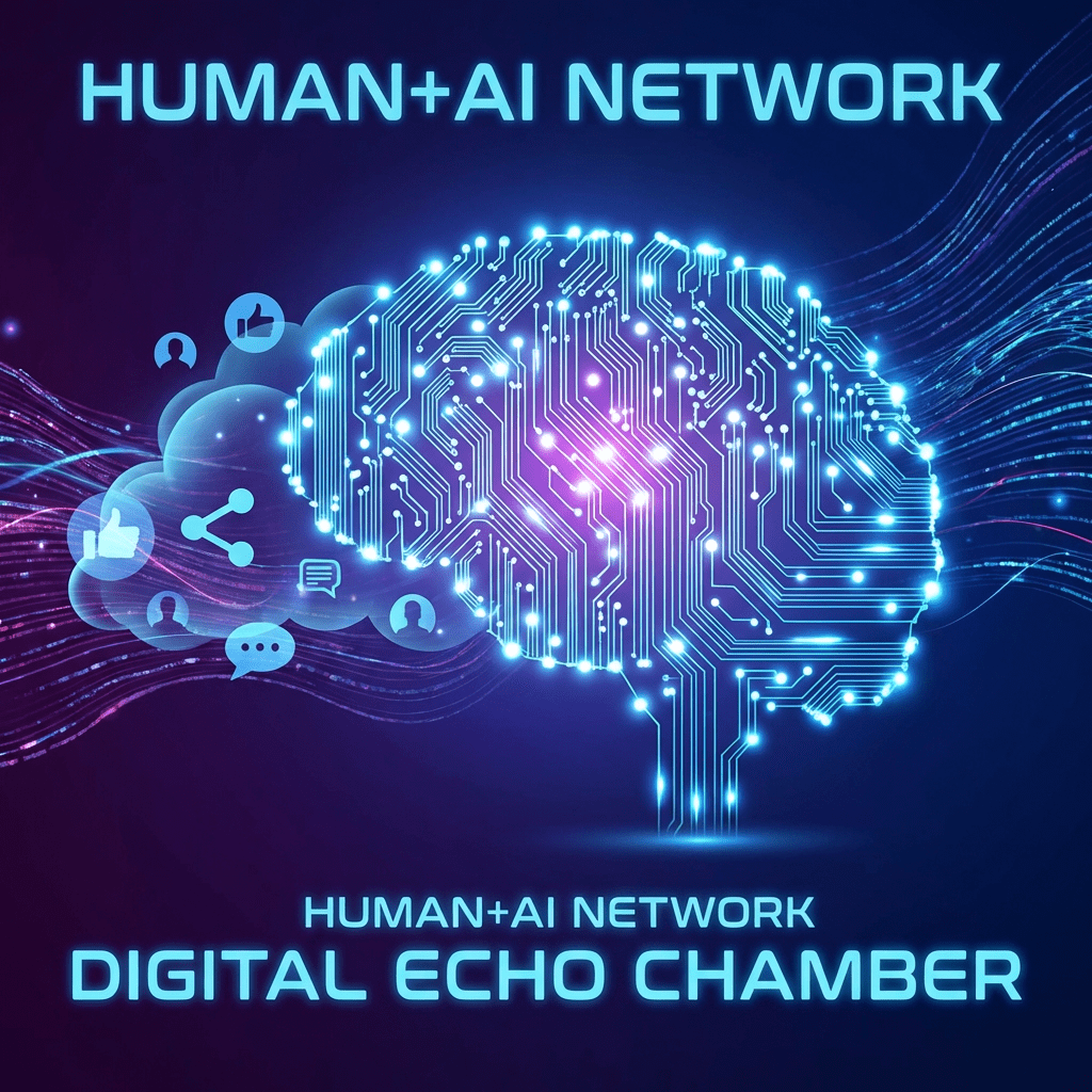 HUMAN+AI NETWORK. DIGITAL ECHO CHAMBER. A glowing blue circuit board brain connected to social media icons.
