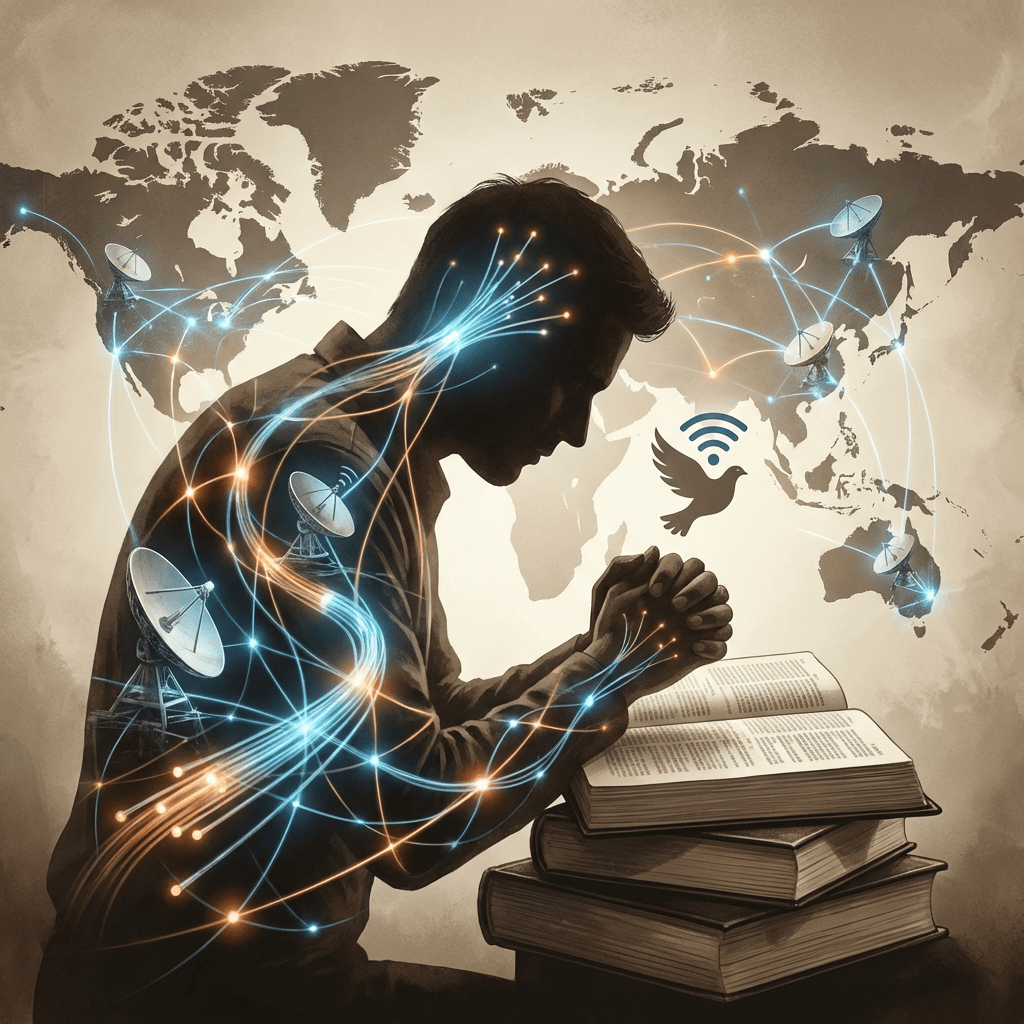 Silhouette of a praying man connecting to a global network through light and satellite dishes.