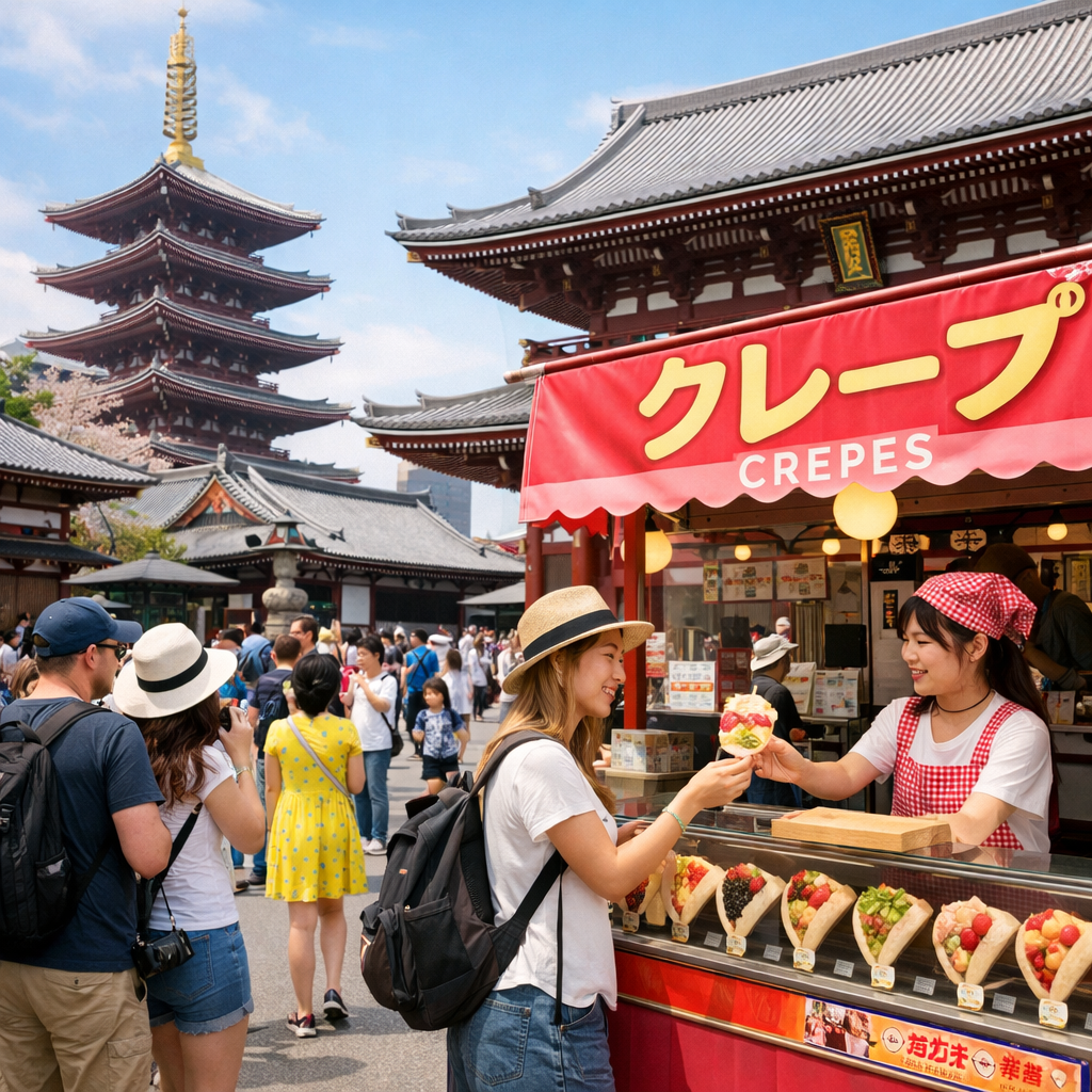 Tourist purchasing a crepe from a vendor at a street stand with a traditional Japanese temple in the background